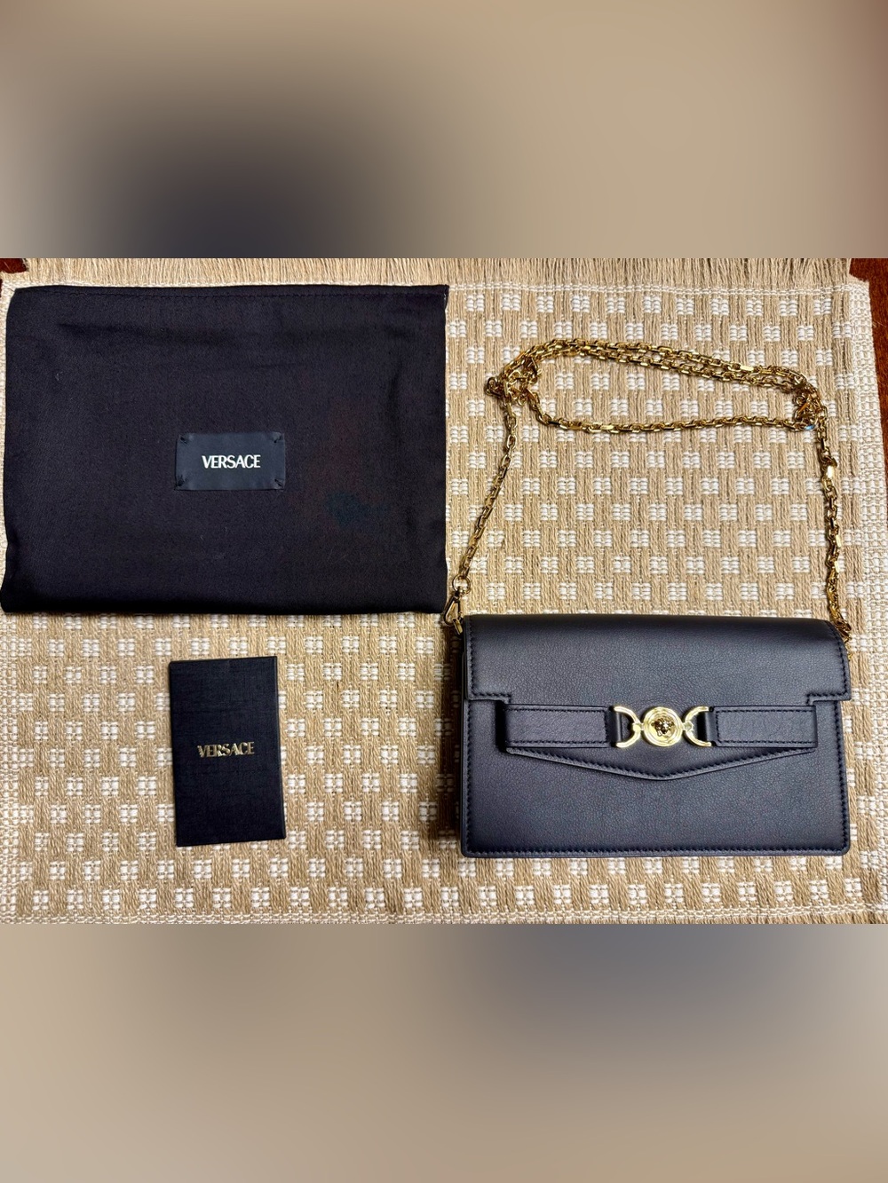 Versace Black Leather Crossbody Bag with Gold Chain and Medusa Accent. NWT
